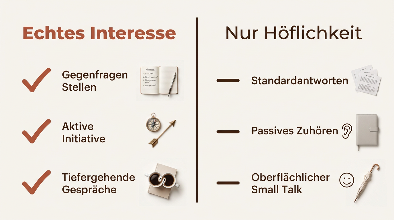 Infografik Vergleich zwischen Echtes Interesse und Nur Höflichkeit mit Checklisten für Gegenfragen, Initiative und Antwortverhalten im Chat.
