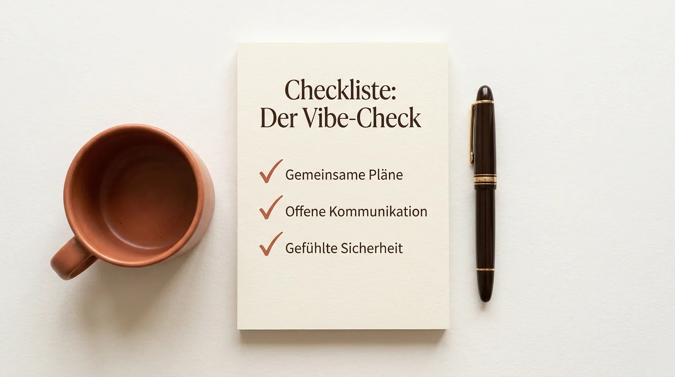 Eine Checkliste auf einem Notizblock für den Vibe-Check vor dem klärenden Gespräch über den Beziehungsstatus.