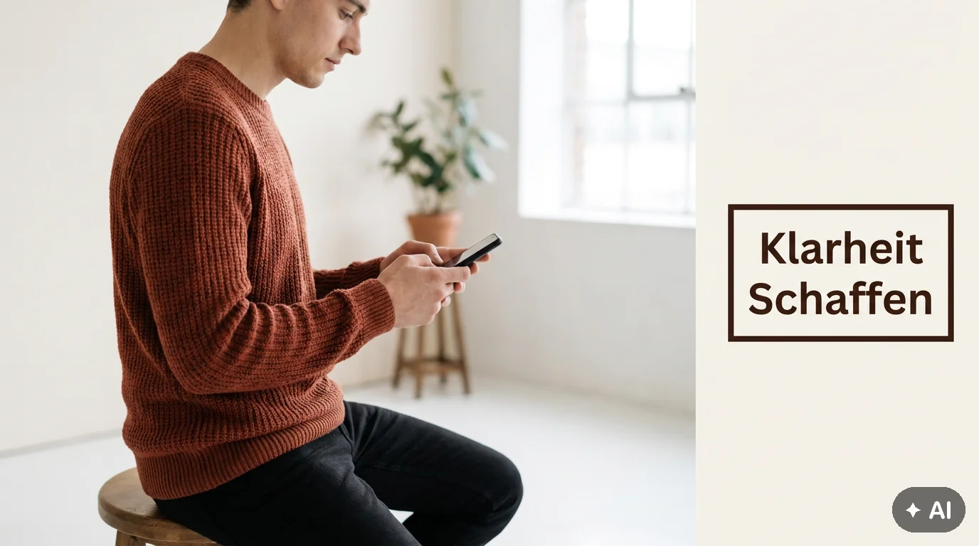 Eine Person sitzt konzentriert in einem hellen Raum und schreibt eine klärende Nachricht auf ihrem Smartphone, um eine Chat-Bekanntschaft zu prüfen.