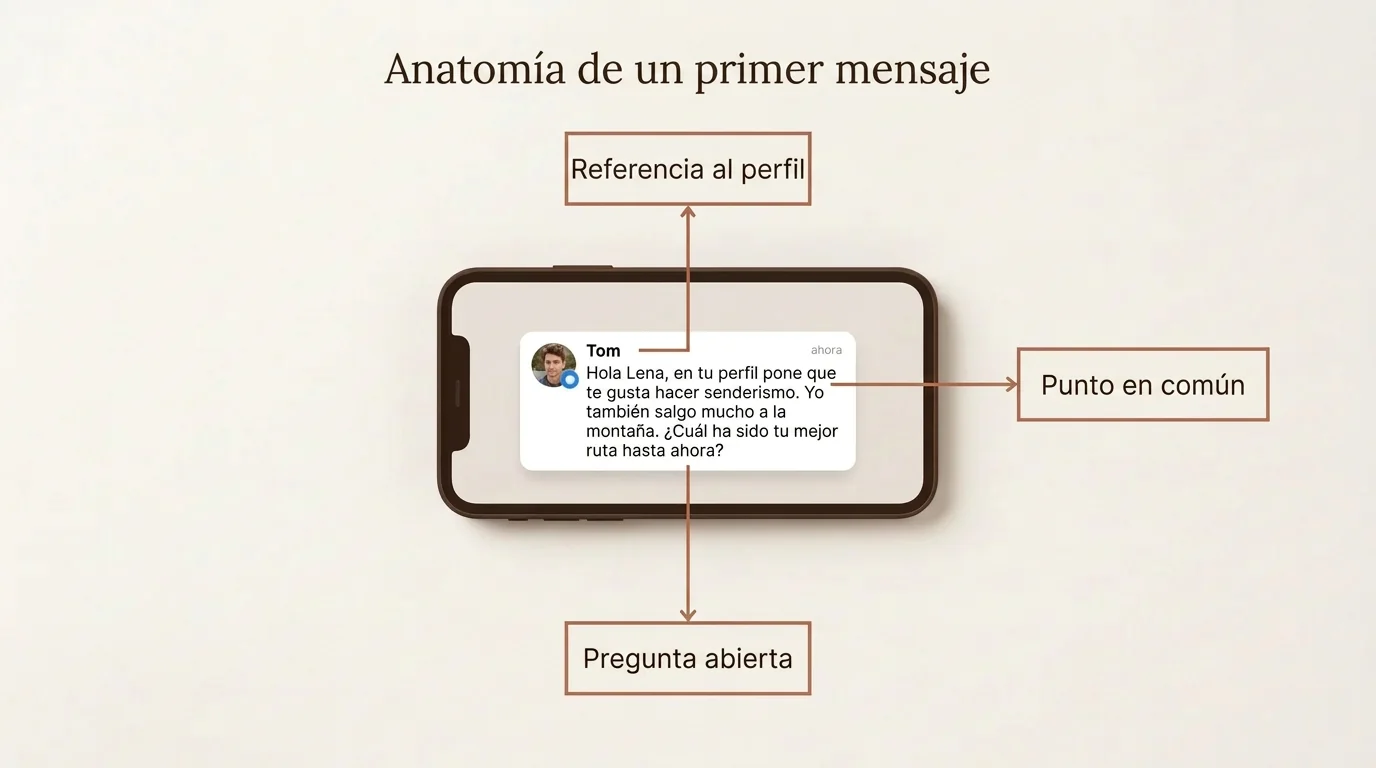 Anatomía de un primer mensaje perfecto en citas online, centrado en hacer referencia al perfil, encontrar puntos en común y hacer preguntas abiertas.