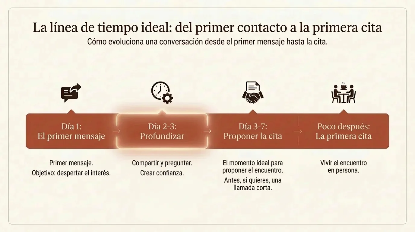 Línea de tiempo del chat: primer mensaje el día 1, profundizar los días 2 y 3, proponer la cita entre el día 3 y el 7 y la primera cita poco después.