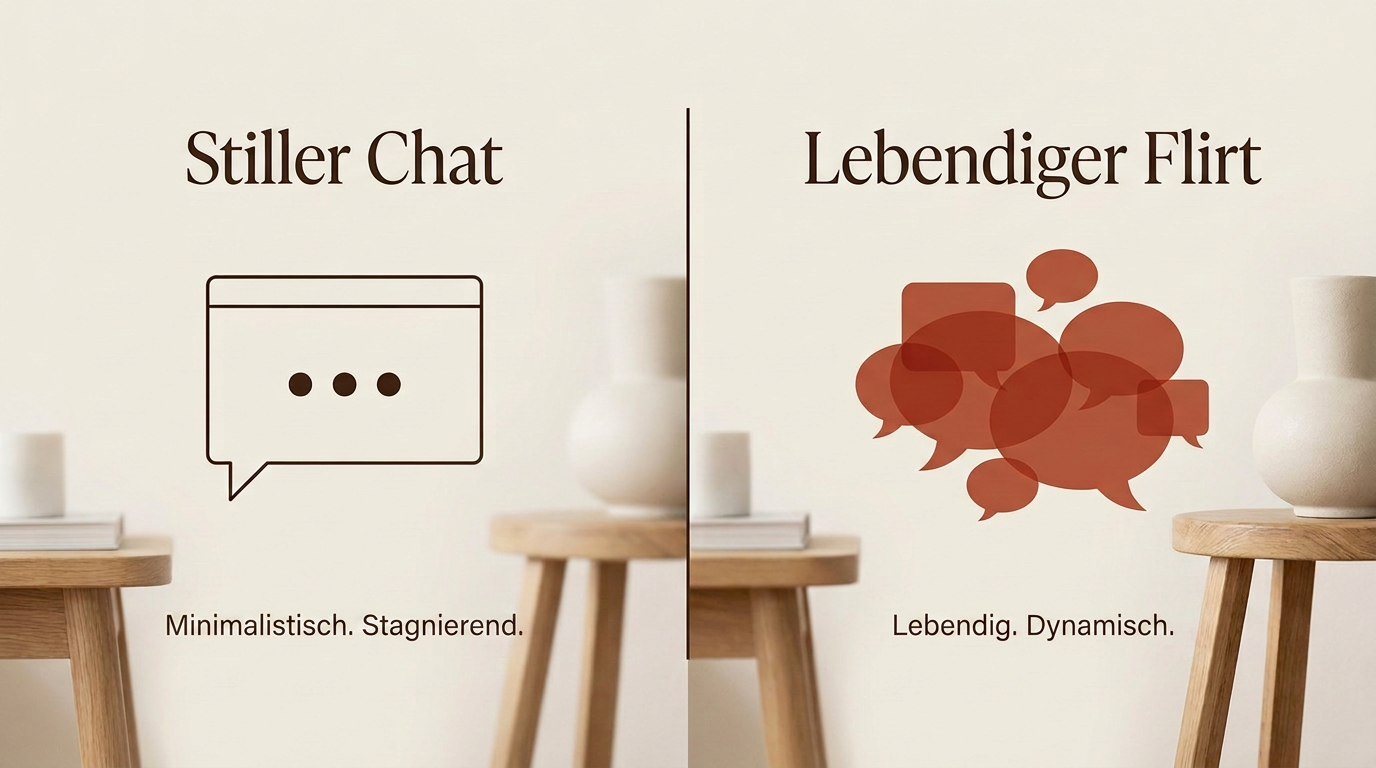 Ein Vergleich zwischen einem eingeschlafenen Dating-Chat und einem lebendigen Gespräch in Markenfarben Terracotta und Dunkelbraun.