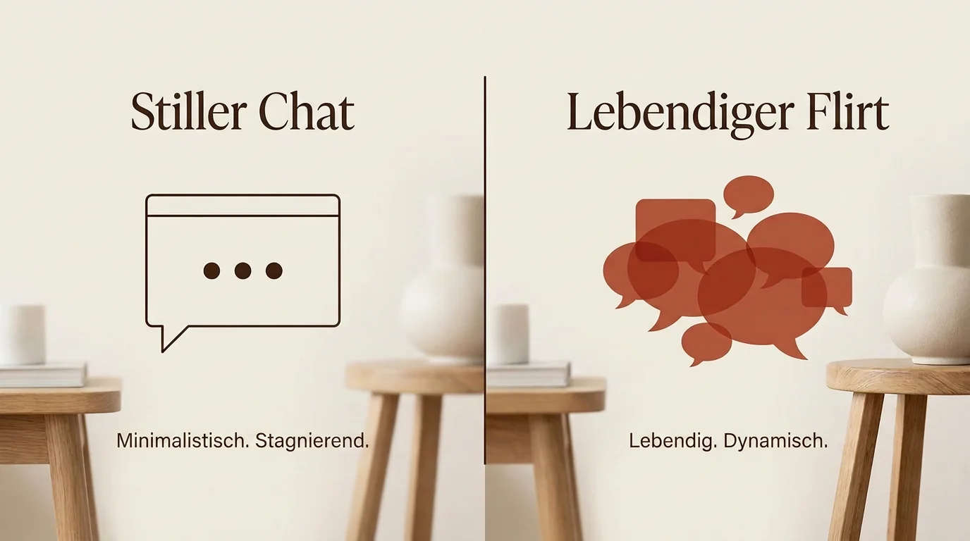 Ein Vergleich zwischen einem eingeschlafenen Dating-Chat und einem lebendigen Gespräch in Markenfarben Terracotta und Dunkelbraun.