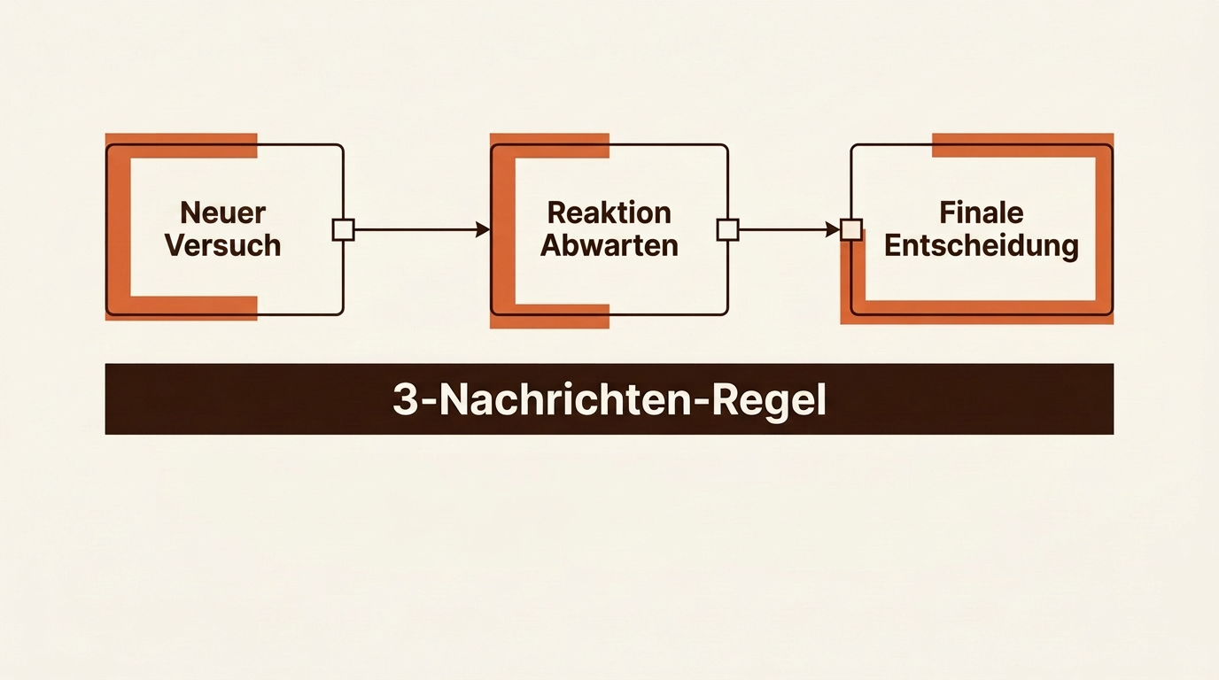 Ein Prozess-Diagramm der 3-Nachrichten-Regel im Dating, das zeigt, wann man ein Gespräch beenden sollte.
