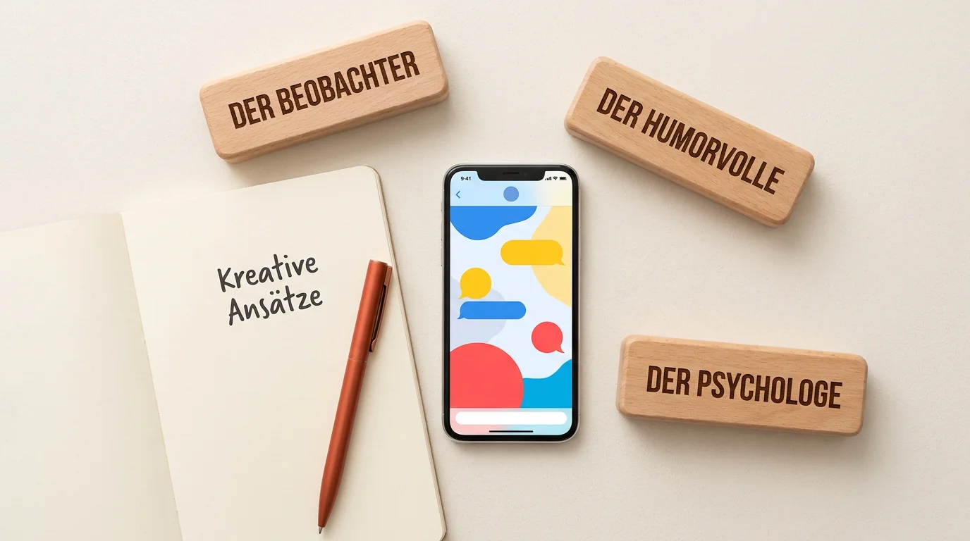 Flat-lay Anordnung mit Smartphone und Notizbuch zur Planung von kreativen Eisbrechern für verschiedene Dating-App Kategorien.