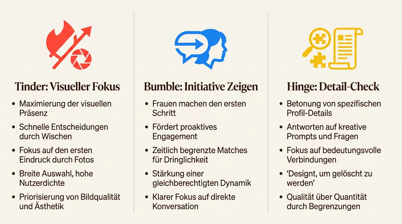 Vergleichstabelle für Strategien auf Tinder, Bumble und Hinge zur Optimierung der ersten Nachricht je nach Plattform-Logik.