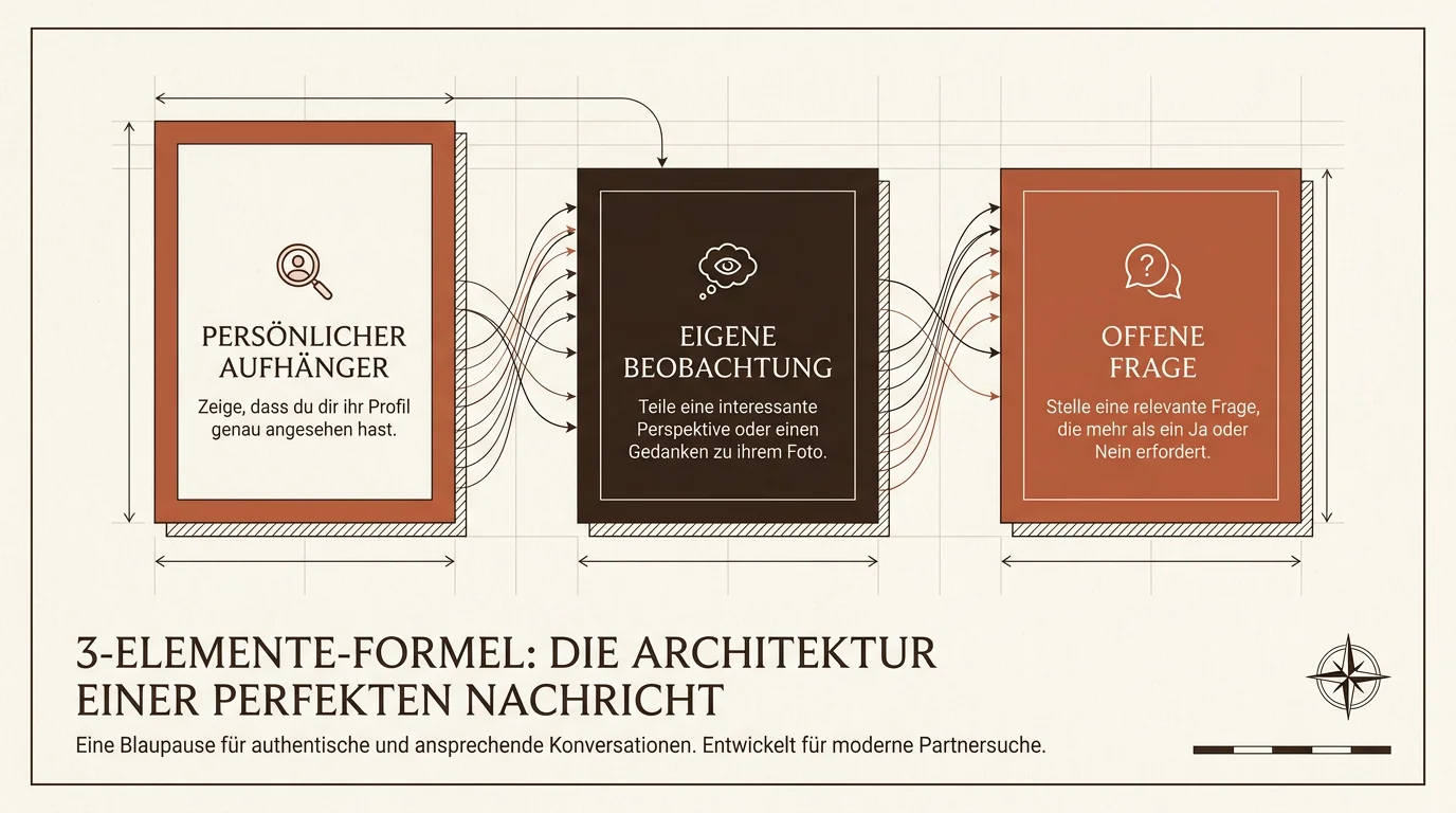 Ein Architektur-Diagramm der 3-Elemente-Formel für Dating-Nachrichten mit Aufhänger, Beobachtung und offener Frage in Markenfarben.