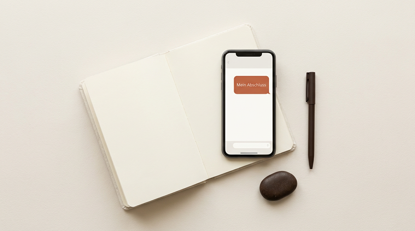 Ein Smartphone und ein Notizbuch in einer Flat-lay-Anordnung, auf dem Bildschirm steht die Nachricht 'Mein Abschluss'.
