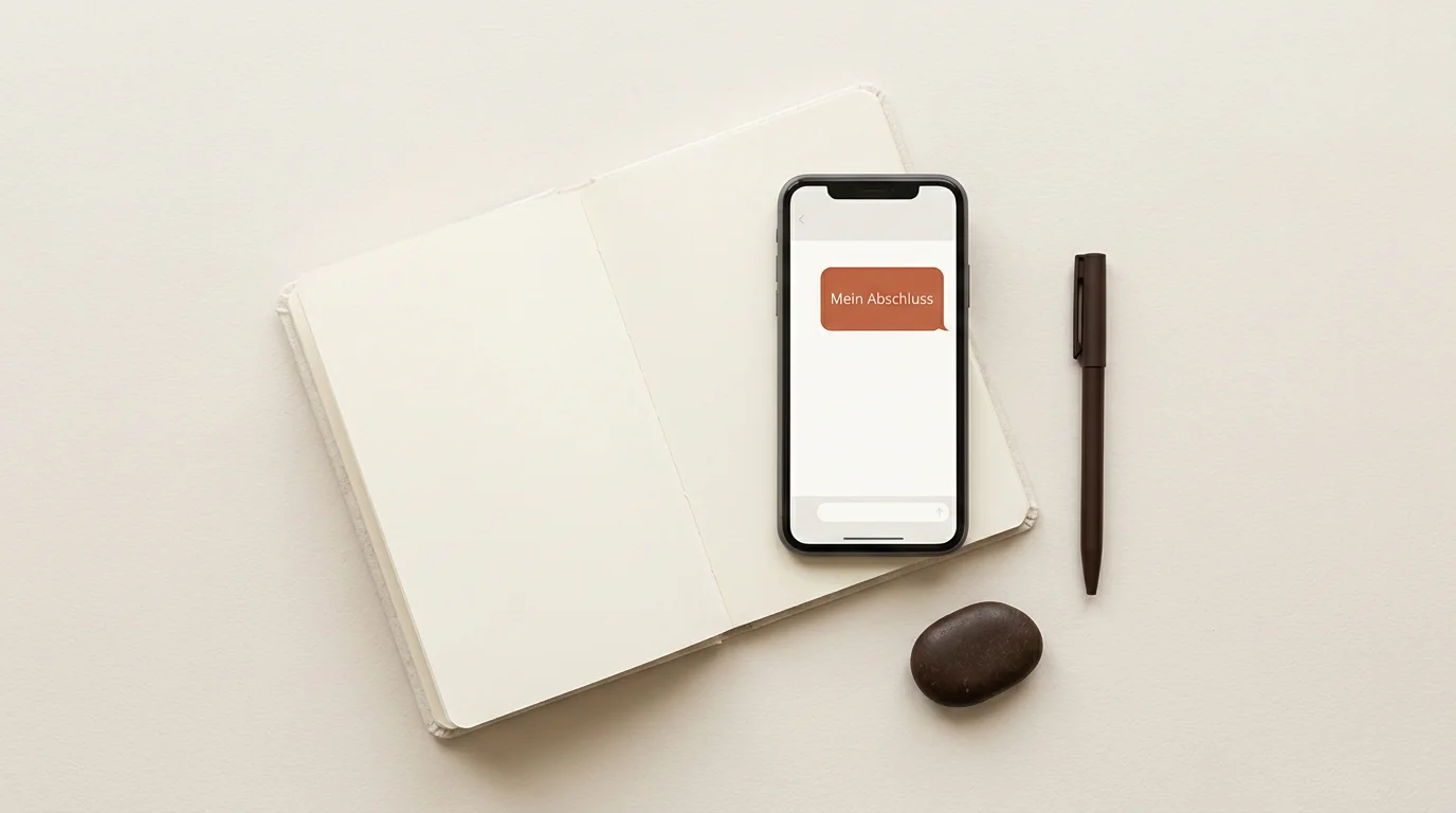 Ein Smartphone und ein Notizbuch in einer Flat-lay-Anordnung, auf dem Bildschirm steht die Nachricht 'Mein Abschluss'.