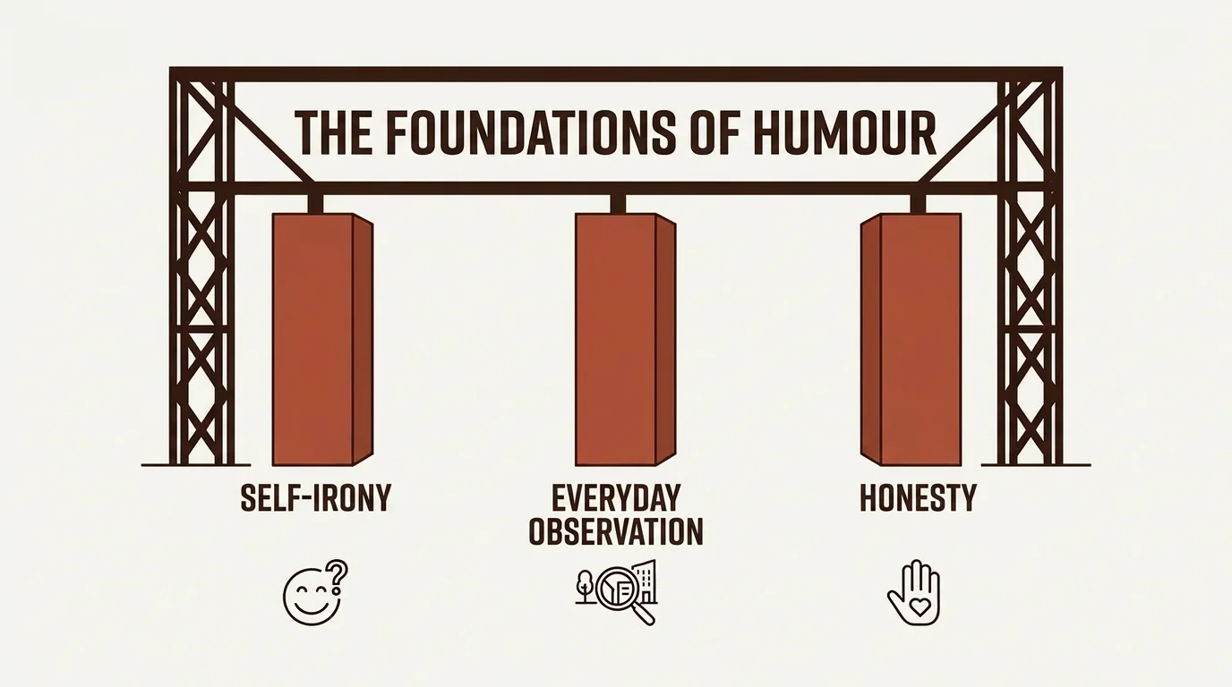 A diagram showing the foundation of humour in dating, with the three pillars of self-deprecation, everyday observation and honesty, in the brand colours.