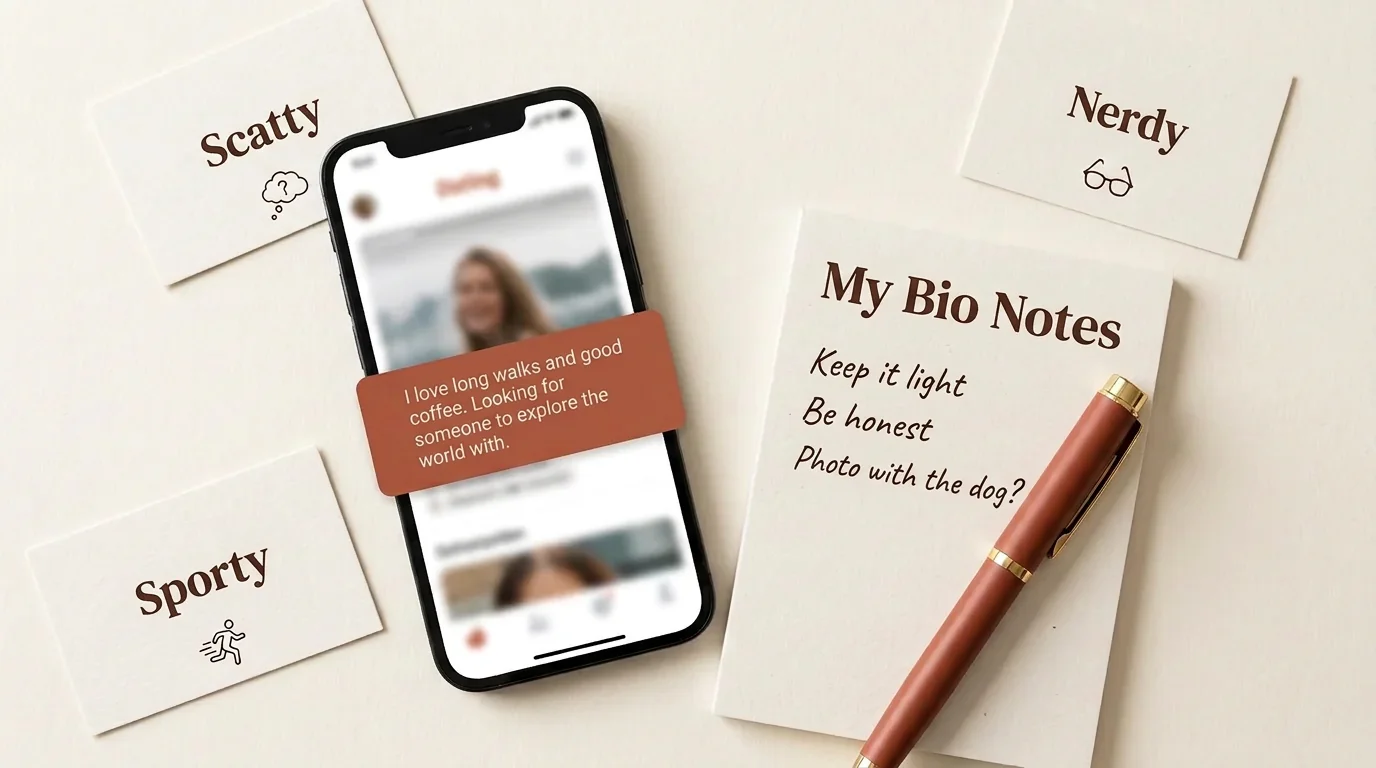 A flat-lay of a dating toolbox with a smartphone, notepad, and categories like Sporty, Nerdy, and Scatterbrained for the perfect bio.