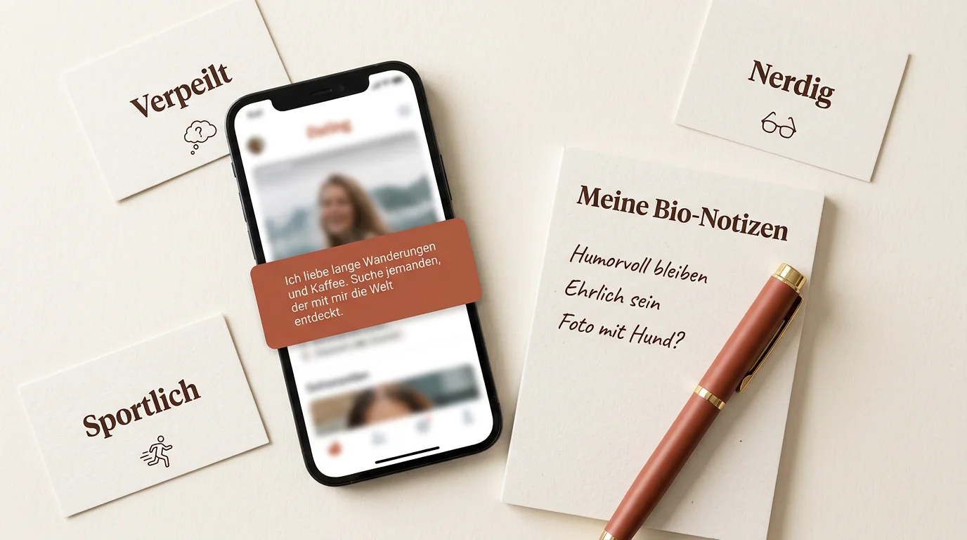 Flat-Lay einer Dating-Toolbox mit Smartphone, Notizblock und Kategorien wie Sportlich, Nerdig und Verpeilt für die perfekte Bio.
