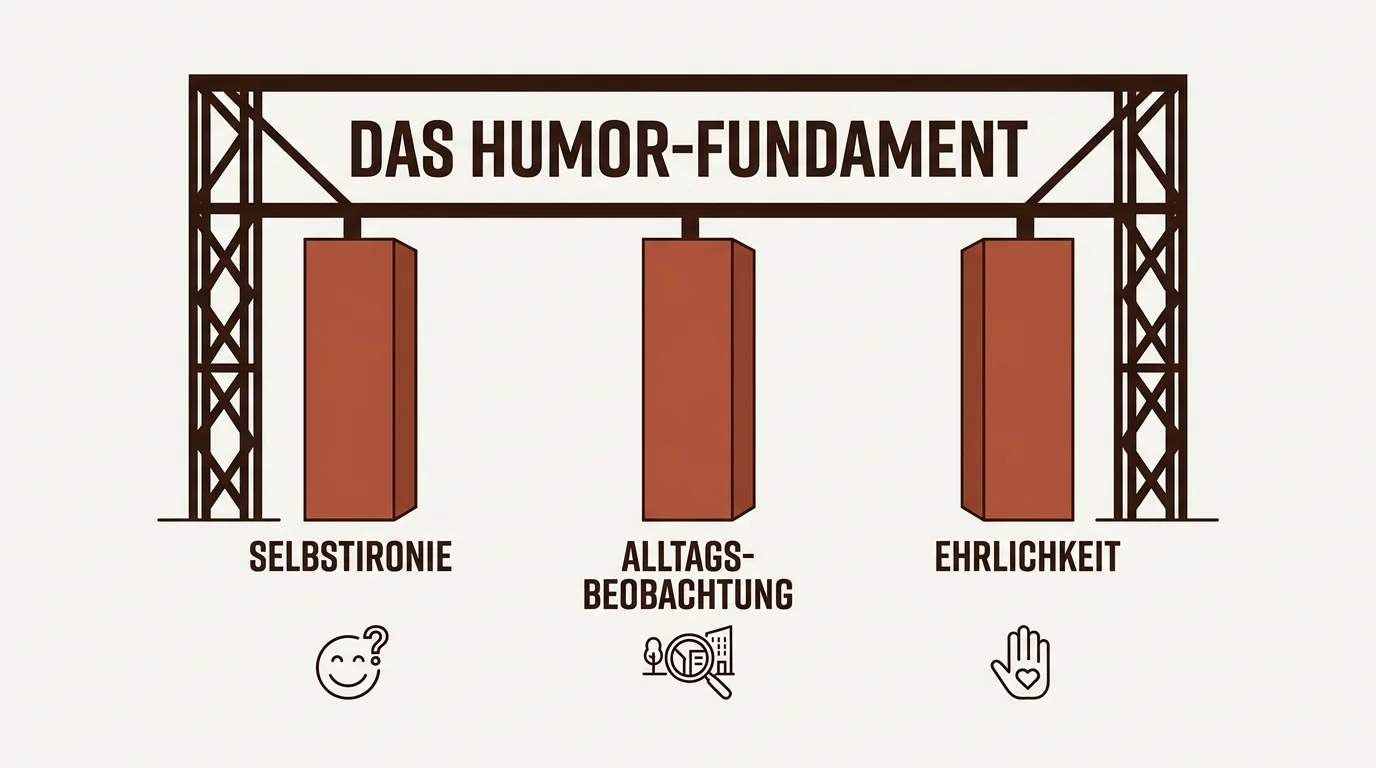 Ein Diagramm zeigt das Humor-Fundament im Dating mit den drei Säulen Selbstironie, Alltags-Beobachtung und Ehrlichkeit in den Markenfarben.