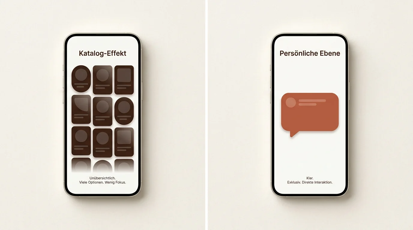 Vergleich zwischen der anonymen Katalog-Ansicht einer Dating-App und der persönlichen Chat-Ebene auf WhatsApp mit Markenfarben.