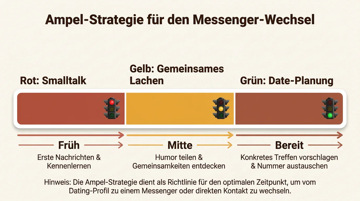 Die Ampel-Strategie zeigt den idealen Zeitpunkt für den Wechsel von der Dating-App zu WhatsApp basierend auf der Gesprächsqualität.