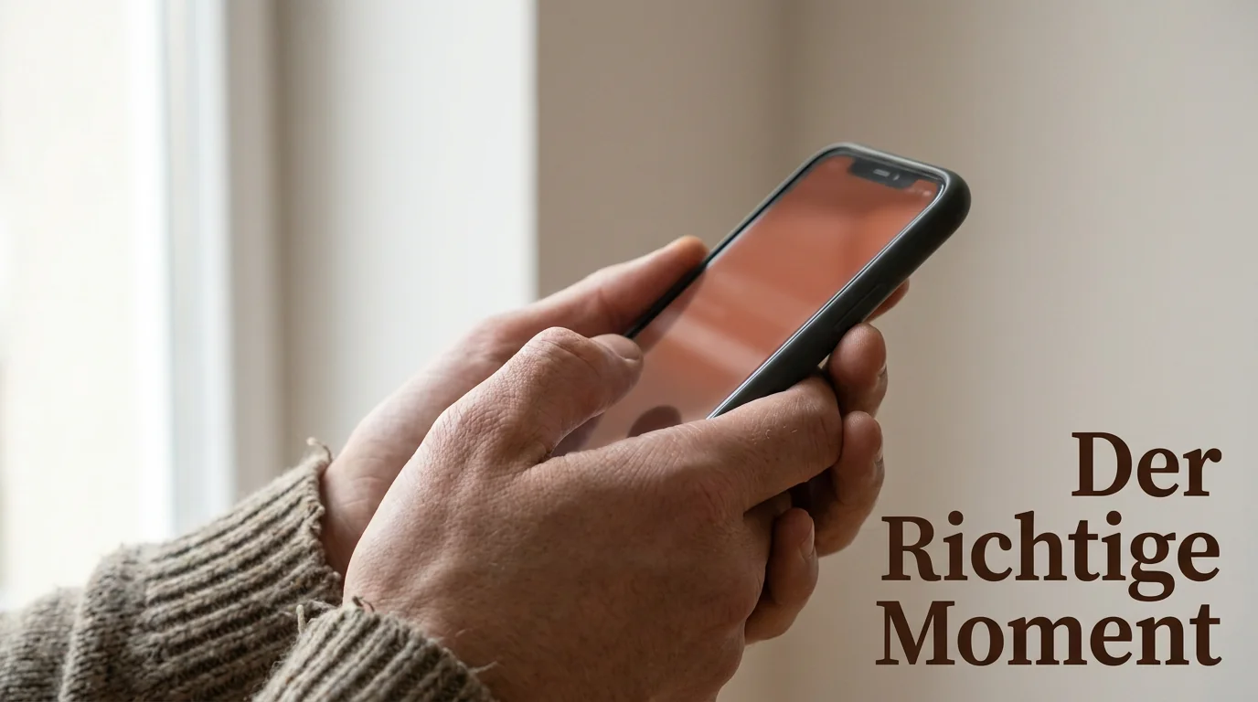 Nahaufnahme von Händen, die ein Smartphone halten, mit dem Text Der Richtige Moment in eleganter Typografie.