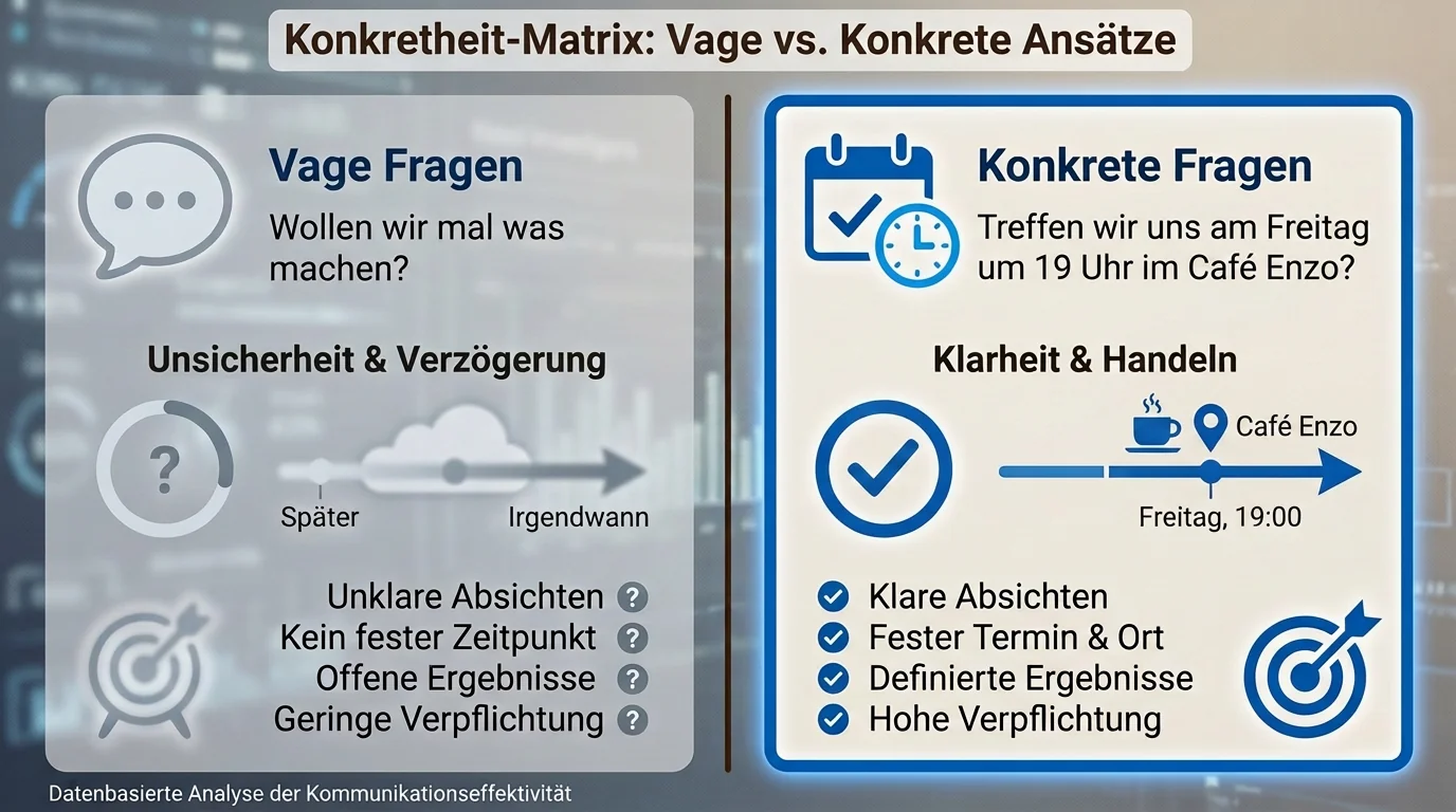 Ein Vergleich zwischen vagen Fragen und konkreten Vorschlägen beim Dating, um die Erfolgsquote beim Fragen nach einem Date zu erhöhen.