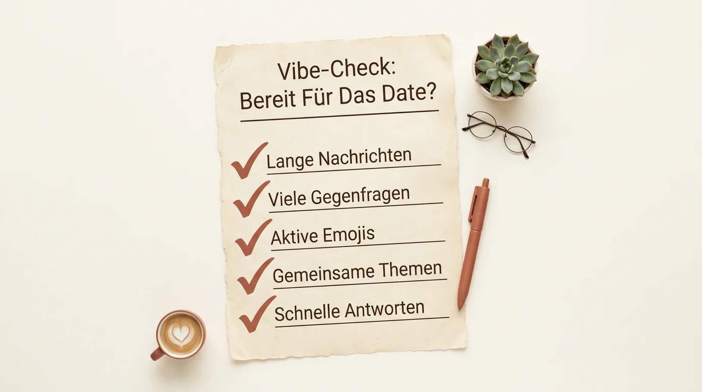 Eine Checkliste mit dem Titel Vibe-Check: Bereit Für Das Date? Zeigt fünf positive Signale für den richtigen Zeitpunkt beim Dating.