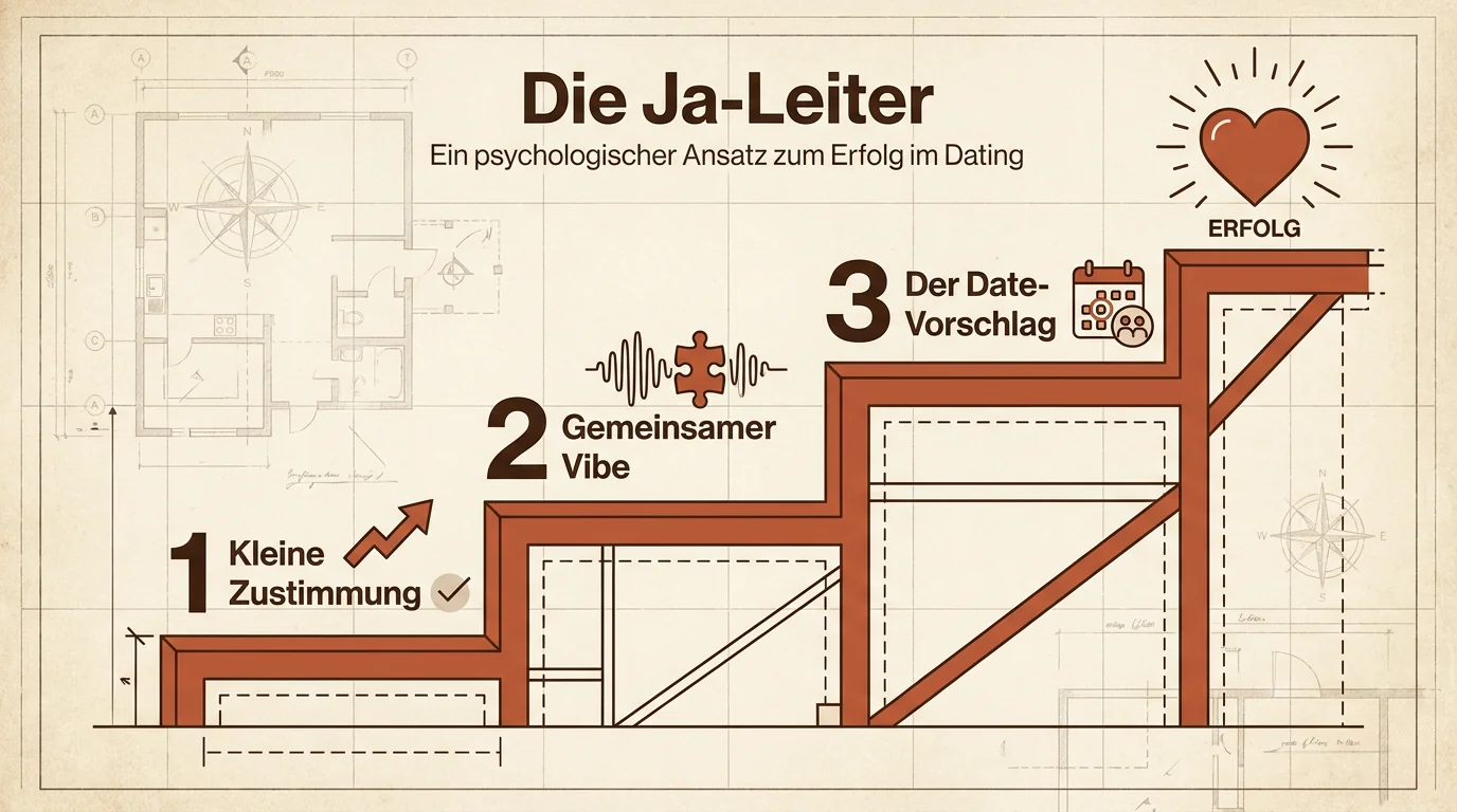 Ein Diagramm der Ja-Leiter mit drei Stufen: Kleine Zustimmung, Gemeinsamer Vibe und Der Date-Vorschlag für psychologische Sicherheit.