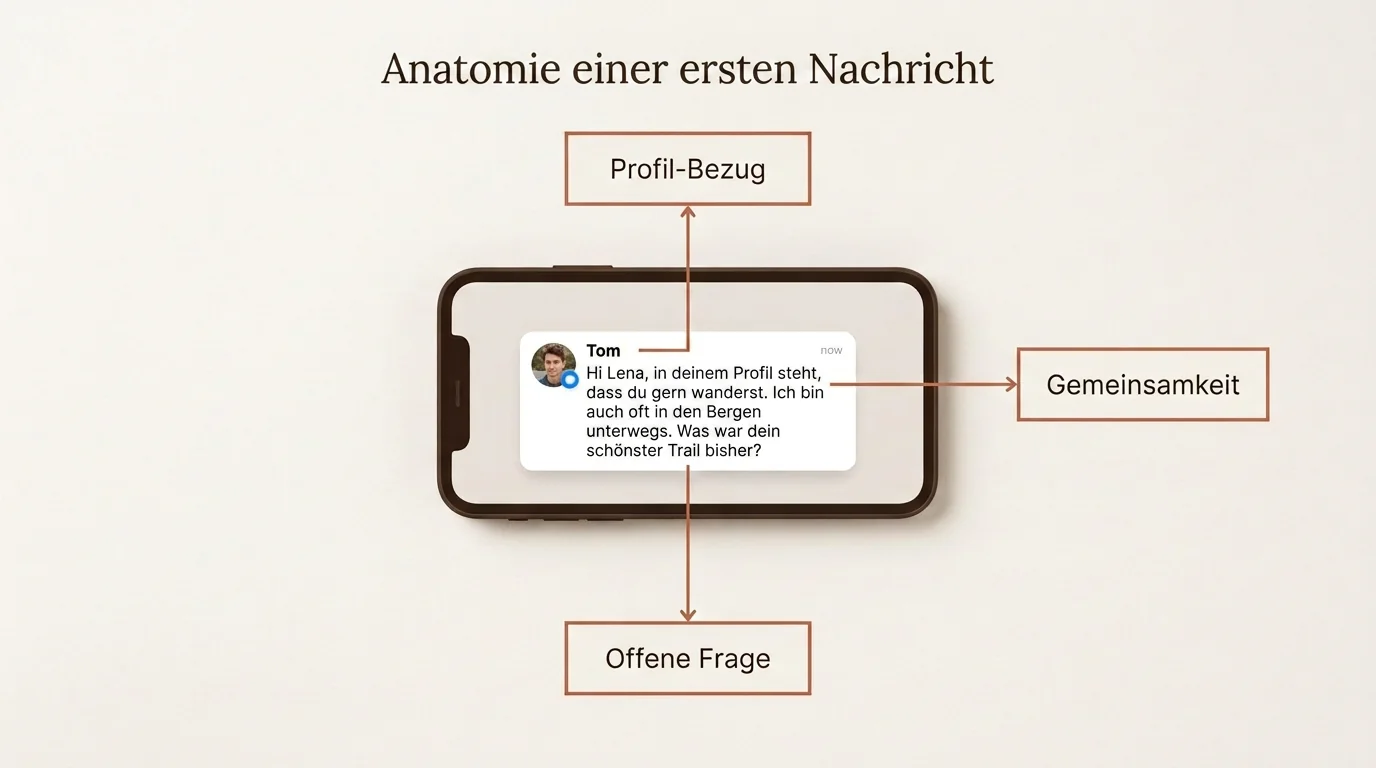 Anatomie einer perfekten ersten Nachricht beim Online-Dating mit Fokus auf Profil-Bezug, Gemeinsamkeiten und offene Fragen.