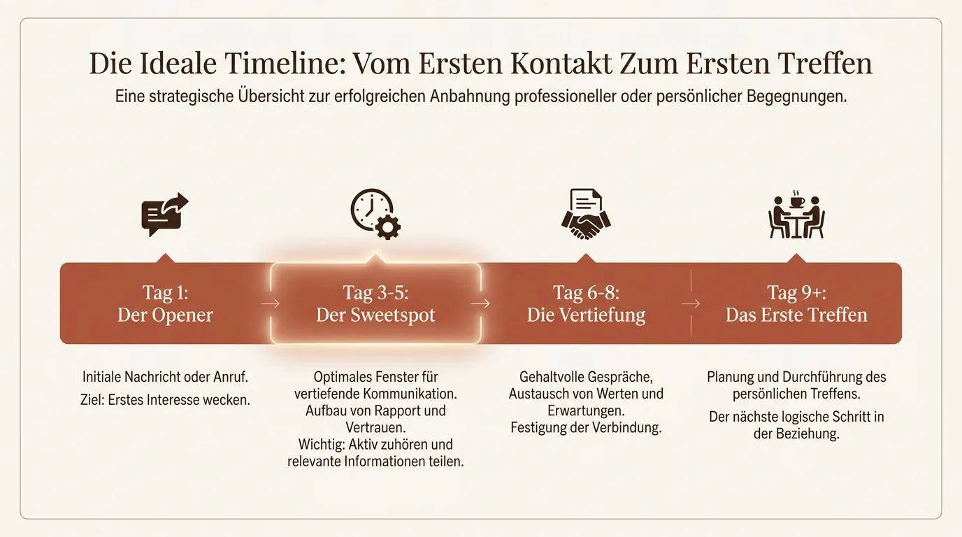 Ein Zeitstrahl für Online-Dating-Chats zeigt den idealen Zeitpunkt für die Date-Einladung zwischen Tag 3 und 5, den sogenannten Sweet-Spot.