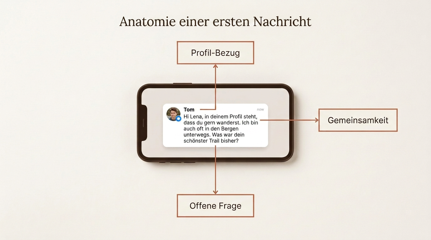 Anatomie einer perfekten ersten Nachricht beim Online-Dating mit Fokus auf Profil-Bezug, Gemeinsamkeiten und offene Fragen.