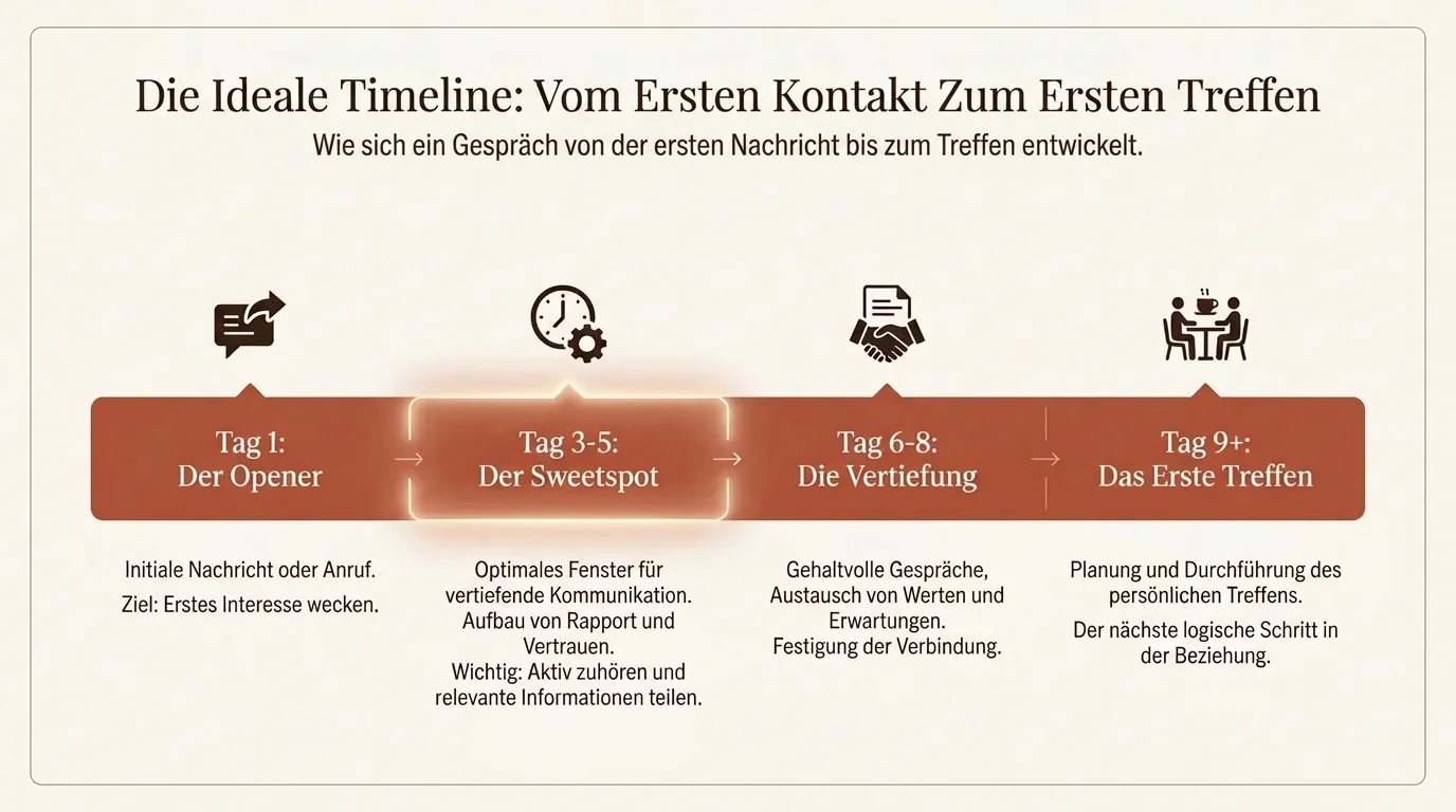Ein Zeitstrahl für Online-Dating-Chats zeigt den idealen Zeitpunkt für die Date-Einladung zwischen Tag 3 und 5, den sogenannten Sweet-Spot.