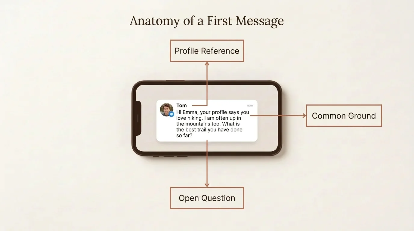 Anatomy of a perfect first message in online dating, focusing on profile references, common ground, and open-ended questions.