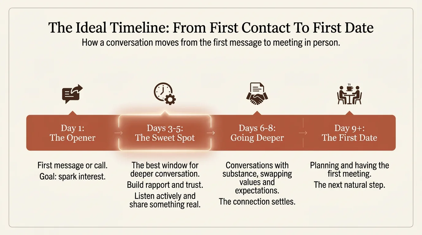 A timeline for online dating chats showing the ideal time to ask for a date is between day 3 and 5, the so-called sweet spot.