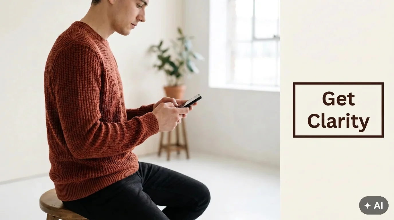 A person sitting in a bright room, focused on writing a clarifying message on their smartphone to test a text-based acquaintance.
