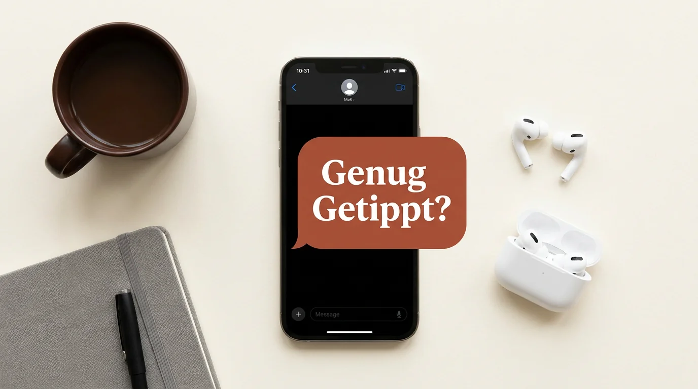 Ein Smartphone auf einem hellen Hintergrund zeigt die Chat-Nachricht Genug Getippt in der Primärfarbe der Marke neben einer Kaffeetasse.