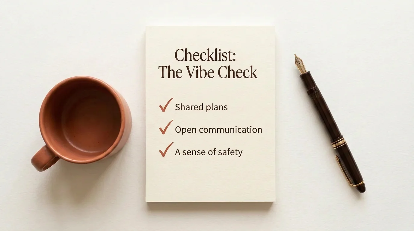 A checklist on a notepad for the vibe check before the defining-the-relationship talk.