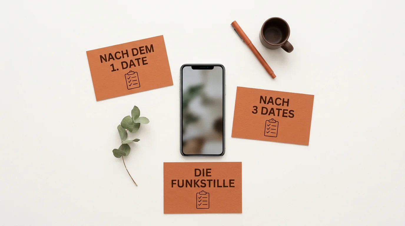 Flat-lay mit Smartphone und Karten für verschiedene Antwort-Szenarien wie Nach Dem 1. Date und Funkstille.