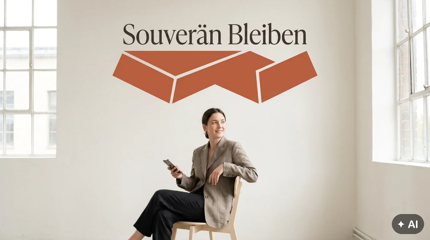 Souveräne Person im Studio nach einer Dating-Absage, hält entspannt ein Smartphone, im Hintergrund der Text Souverän Bleiben.