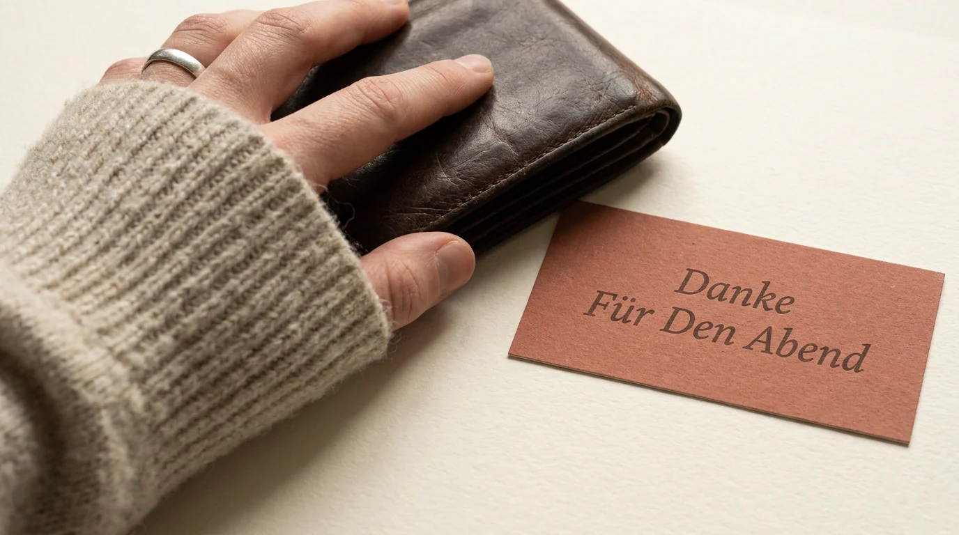 Hand auf einer Geldboerse neben einer Karte mit der Aufschrift Danke fuer den Abend