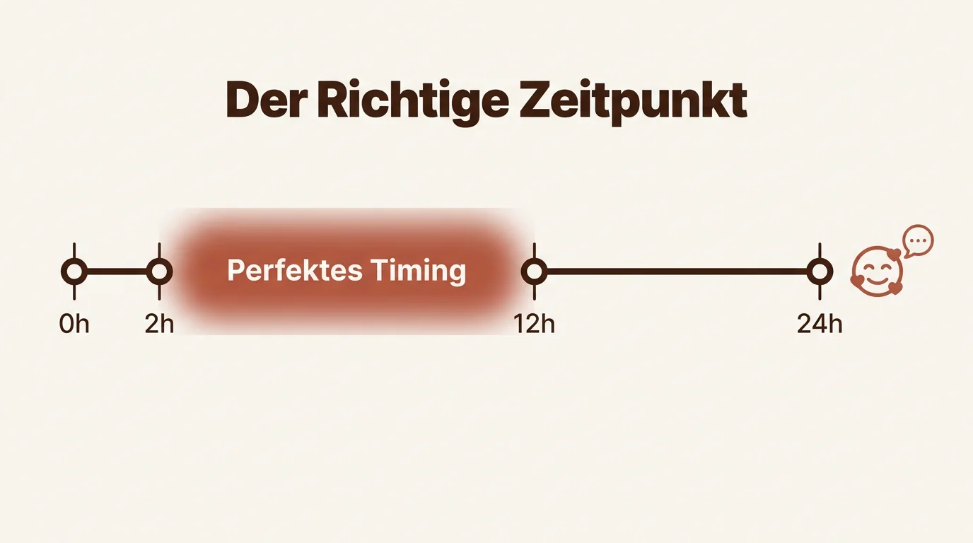 Ein Zeitstrahl-Diagramm auf Deutsch, das den optimalen Zeitraum zwischen 2 und 12 Stunden für die Nachricht nach dem ersten Date markiert.