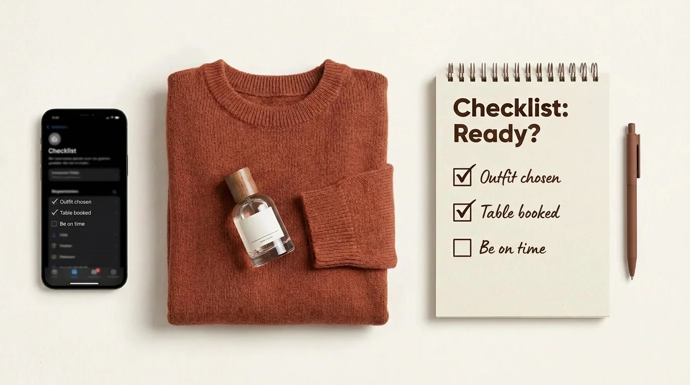 An organised flat-lay of clothes and accessories for a first date, including a checklist.