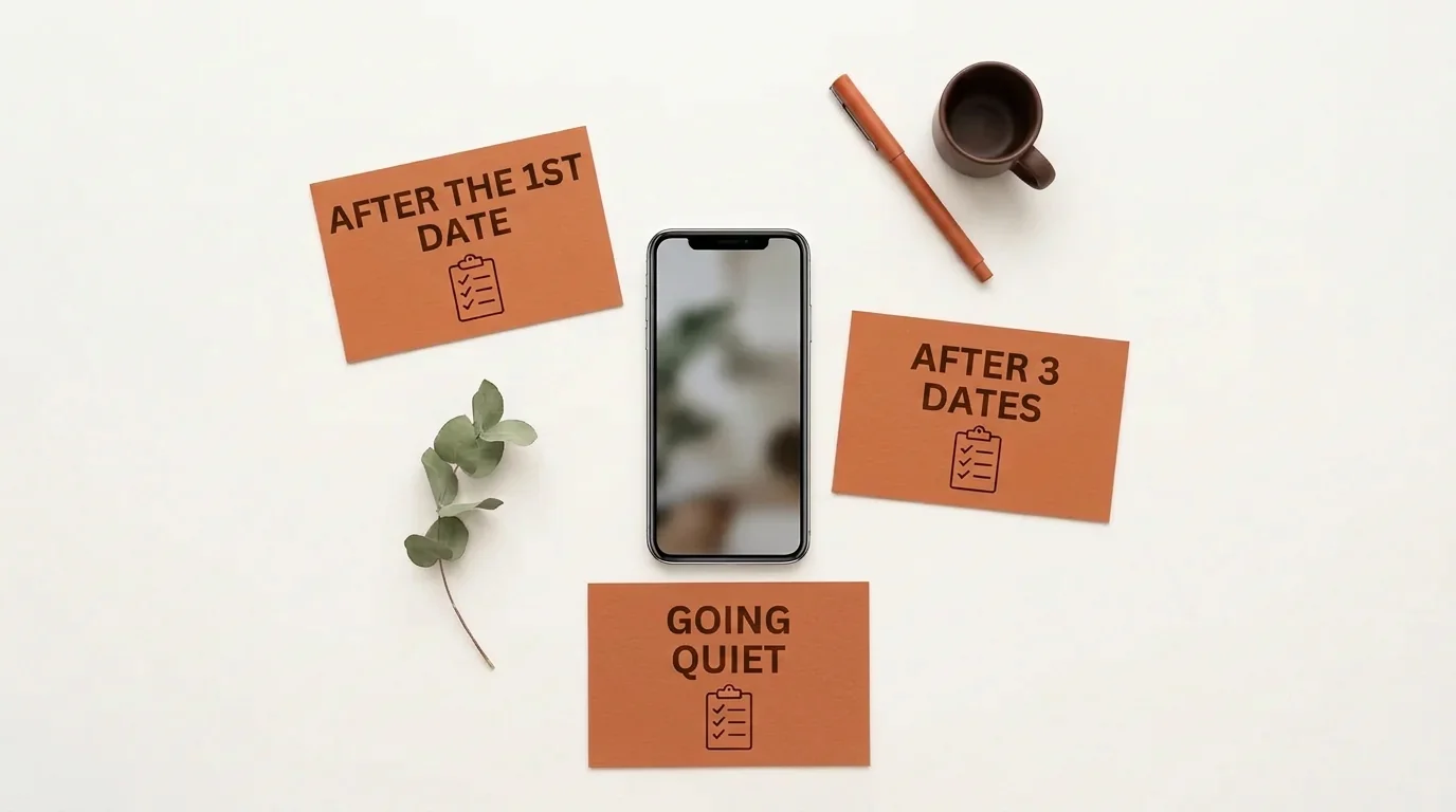 Flat lay of a smartphone with cards showing different reply scenarios like 'After the 1st Date' and 'Radio Silence'.