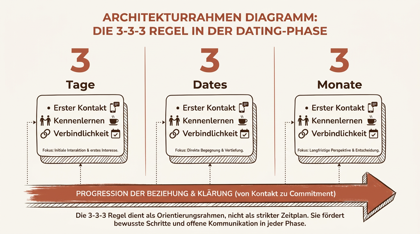 Diagramm der 3-3-3 Regel im Dating: 3 Tage für den Kontakt, 3 Dates zum Kennenlernen und 3 Monate bis zur Verbindlichkeit.