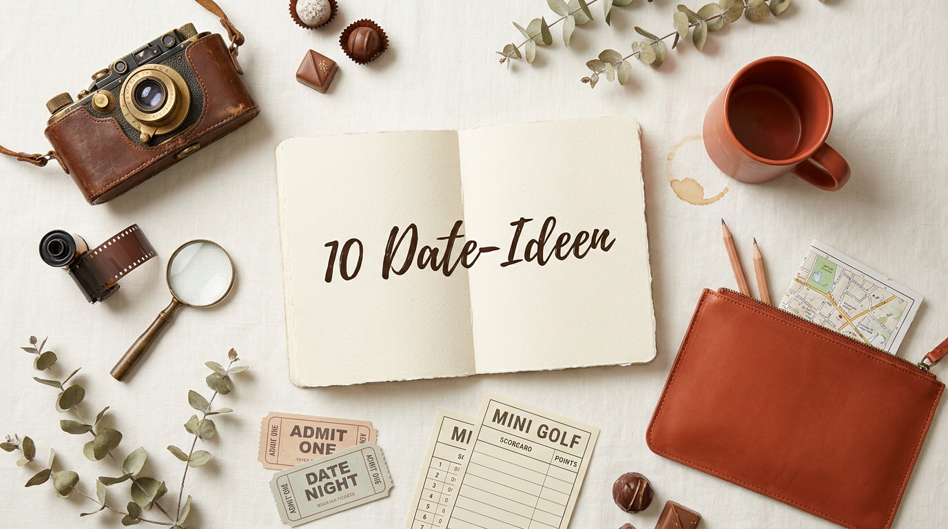 Ein Flat-lay Arrangement mit Notizbuch, Kamera und Tickets auf beigem Grund für kreative Date-Ideen gegen peinliches Schweigen beim ersten Date.