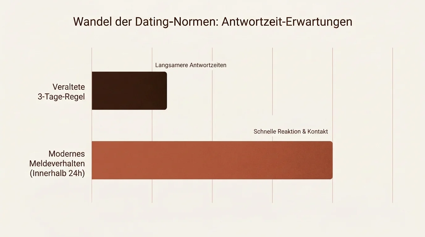 Ein Balkendiagramm, das die veraltete Drei-Tage-Regel mit modernem Meldeverhalten nach einem Date vergleicht, gestaltet in Markenfarben.