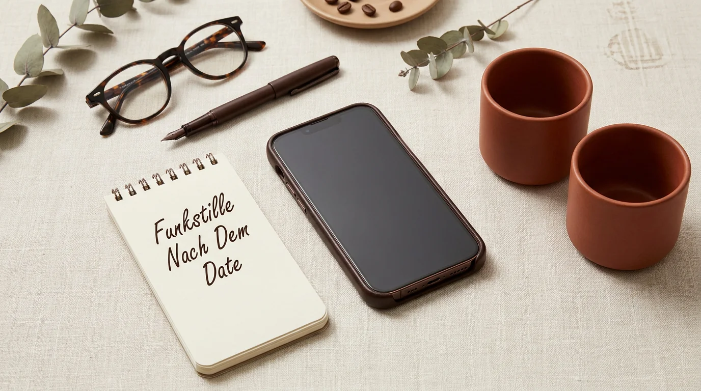 Ein minimalistisches Flat-Lay mit zwei Kaffeetassen und einem Smartphone auf hellem Hintergrund zum Thema Funkstille nach dem ersten Date.