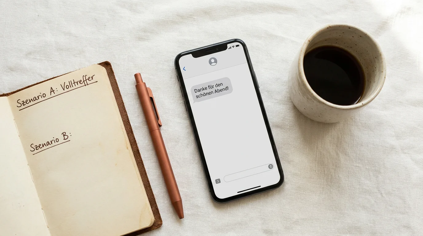 Flat-Lay Arrangement eines Smartphones mit einer Nachricht nach dem Date und einem Notizbuch mit verschiedenen Szenarien.