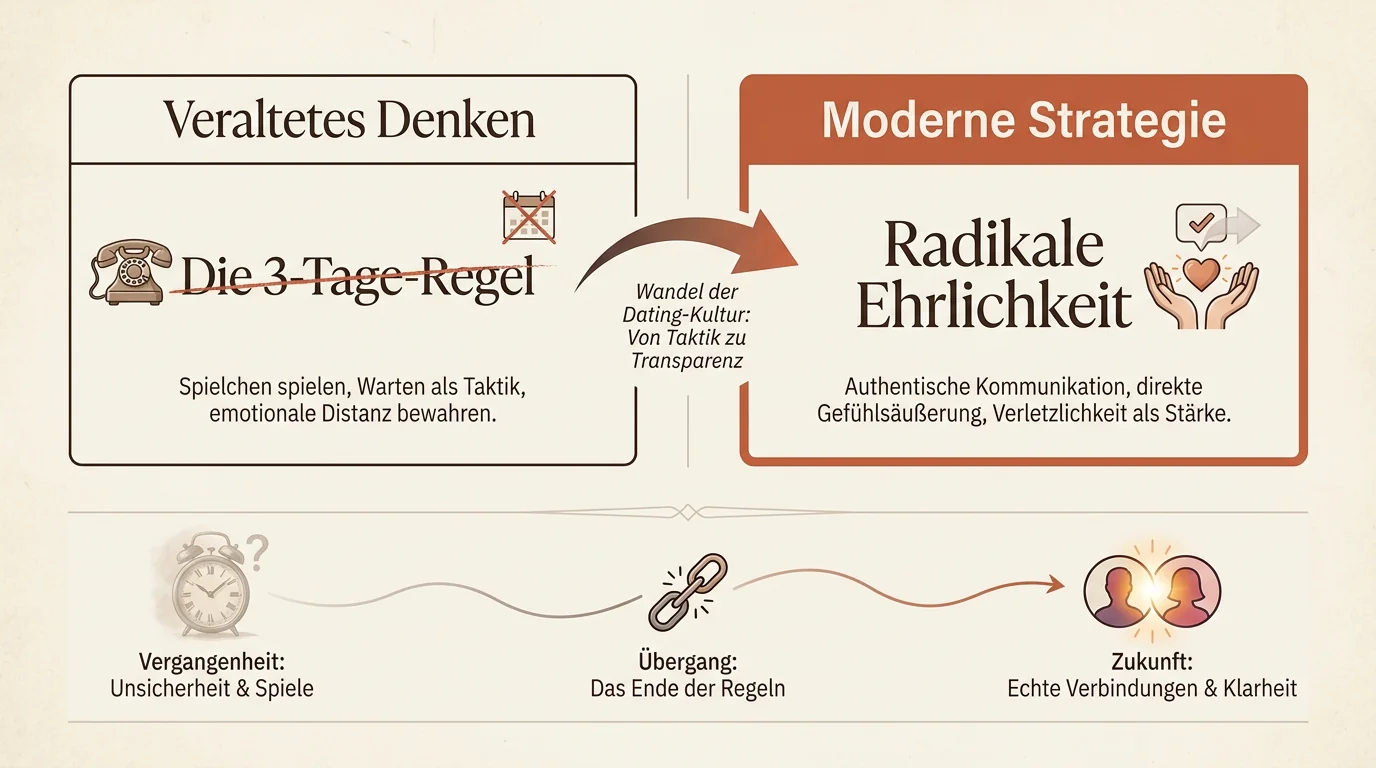 Vergleich der 3-Tage-Regel und der modernen Strategie der radikalen Ehrlichkeit nach dem ersten Date in Markenfarben.