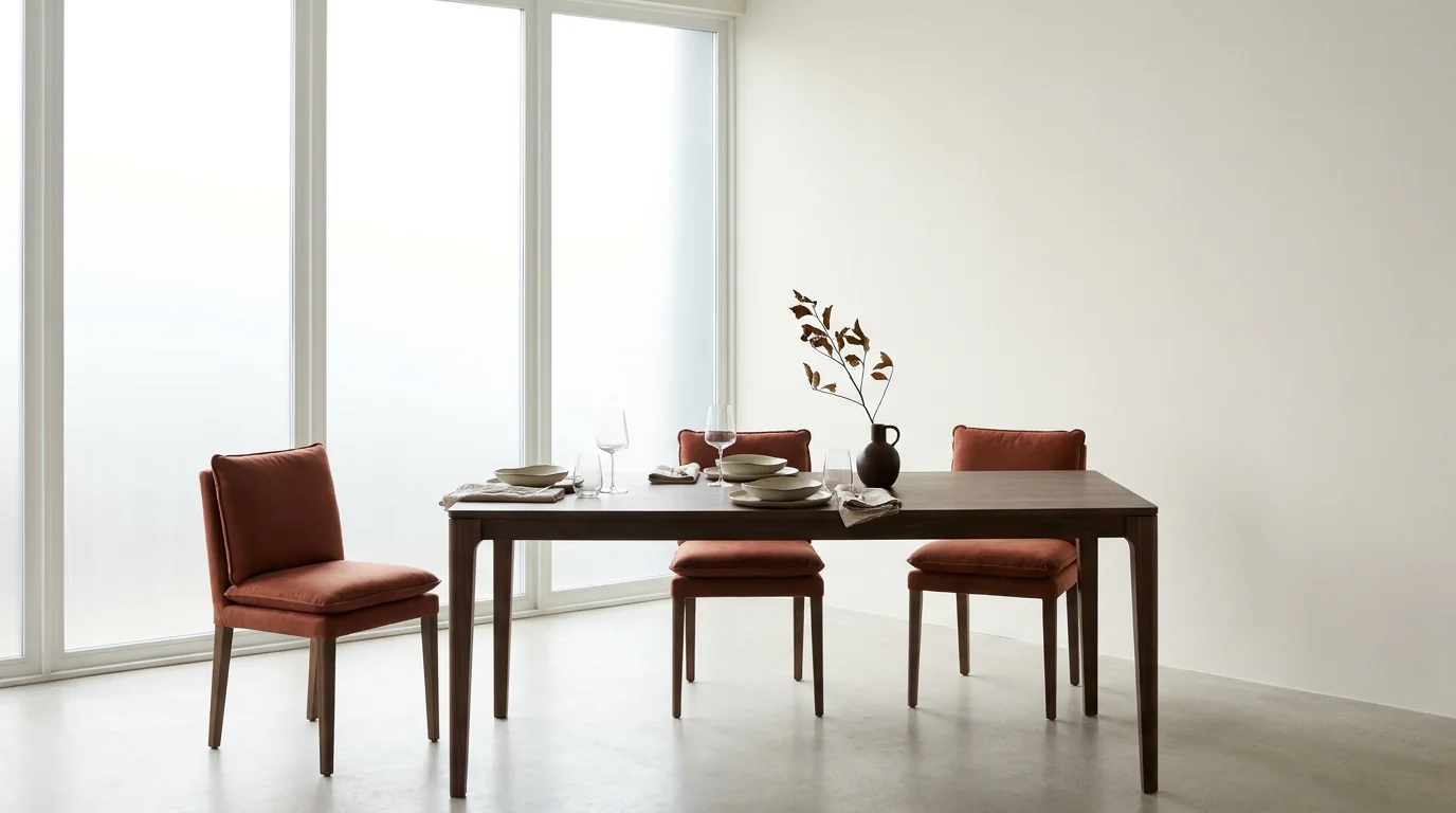 Modernes Esszimmer mit gedecktem Tisch für drei Personen, symbolisch für das erste Kennenlernen zwischen neuem Partner und erwachsenen Kindern.