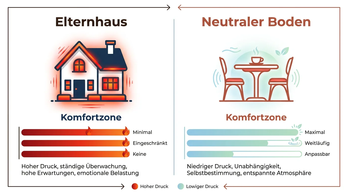 Infografik Vergleich: Warum neutraler Boden besser für das erste Treffen mit erwachsenen Kindern geeignet ist als das gewohnte Elternhaus.