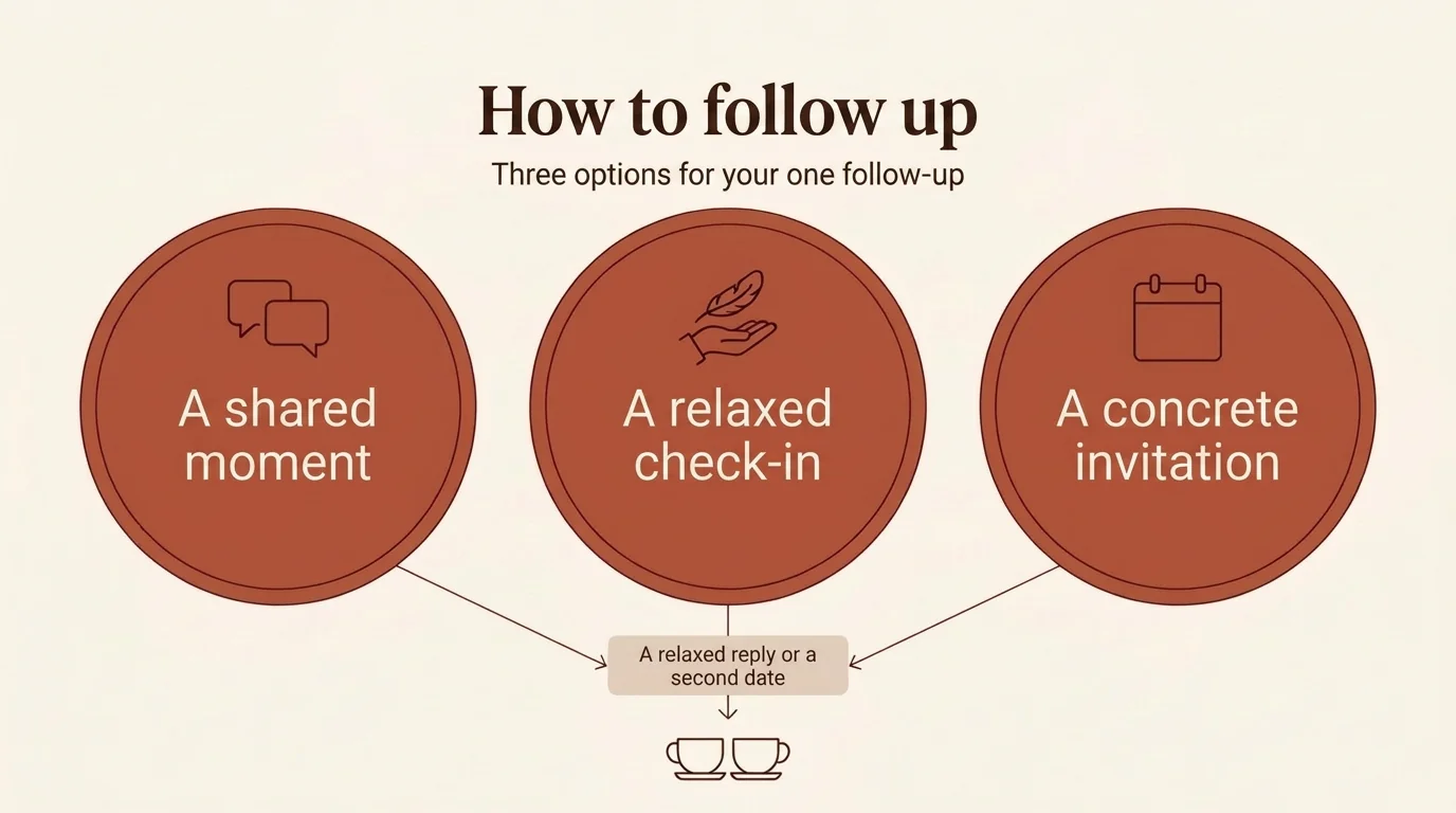 Graphic with three options for a follow-up message: shared moment, relaxed check-in, specific invitation.