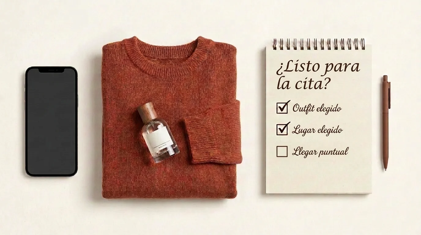 Una composición organizada con ropa y accesorios para preparar la primera cita, incluyendo una lista de tareas.
