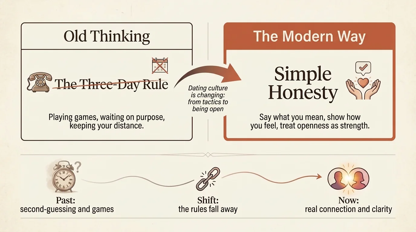 A comparison between the 3-day rule and the modern strategy of radical honesty after a first date, shown in brand colours.