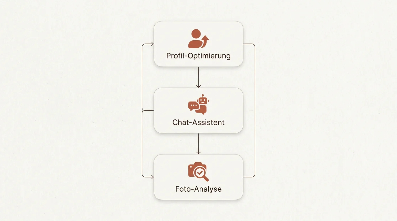 Infografik zu den drei Säulen des KI-Dating-Coachings: Profil-Optimierung, Chat-Assistent und Foto-Analyse in den Markenfarben Braun und Beige.